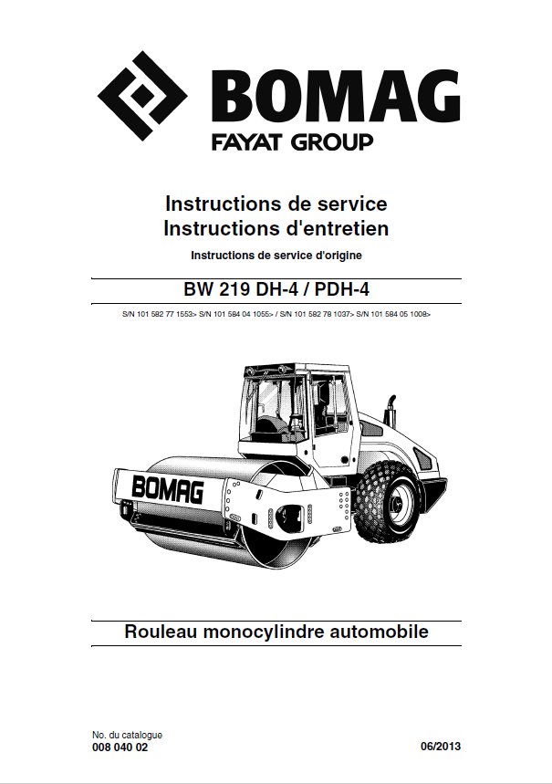 BOMAG BW 219 DH-4 Single Cylinder Roller Operating Manual 2013 PDF