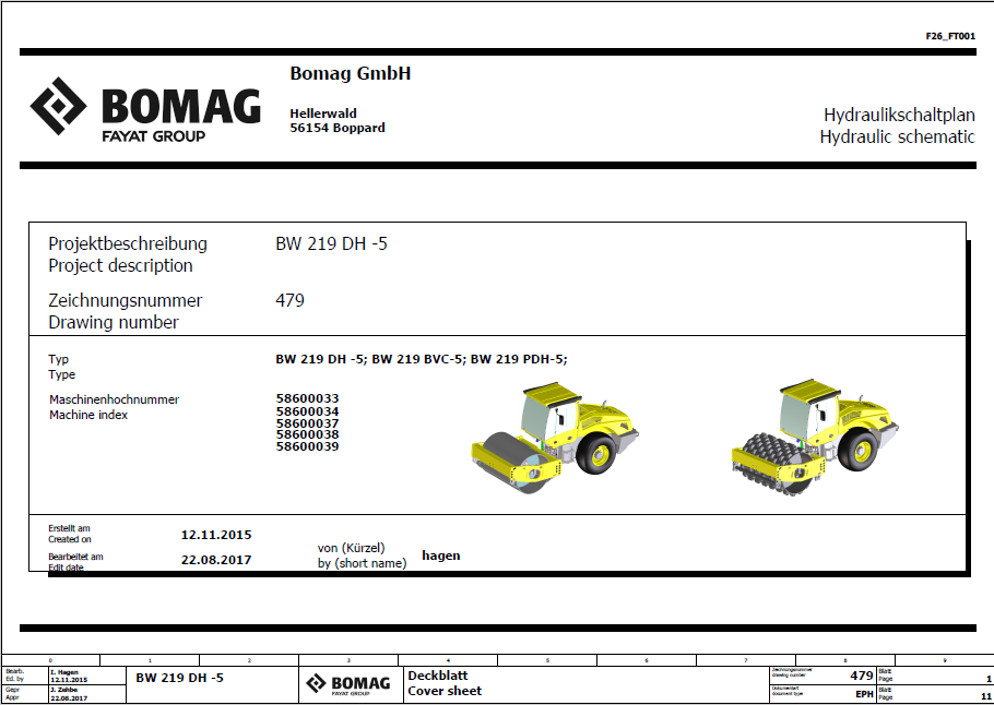 BOMAG BW 219 DH-5 Roller Electric & Hydraulic Schematic Diagram Manual