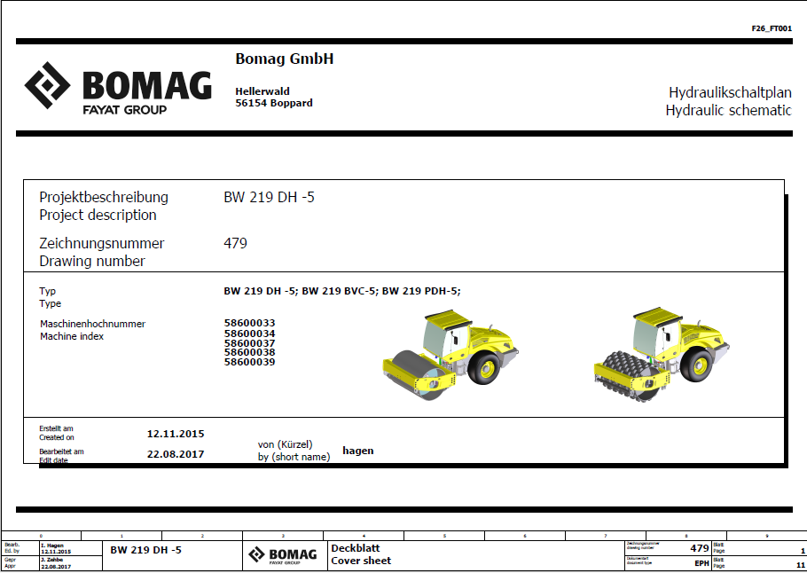 BOMAG BW 219 PDH-5 Single Drum Vibratory Roller Electric & Hydraulic Schematic Diagram Manual