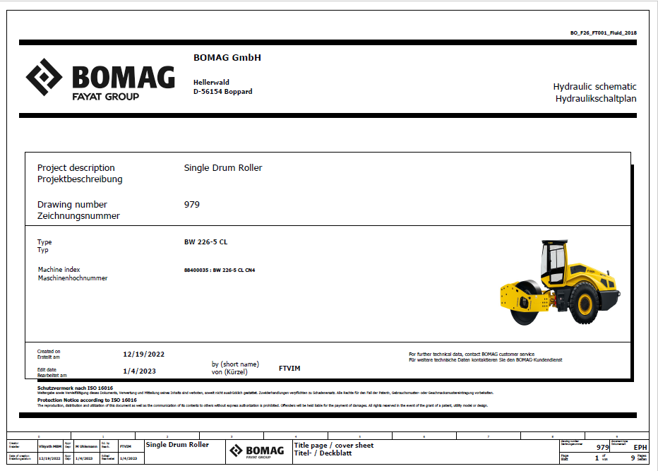 BOMAG BW 226-5 CL Single Drum Vibratory Roller Hydraulic Schematic Diagram Manual (961884351001 - 961884359999)