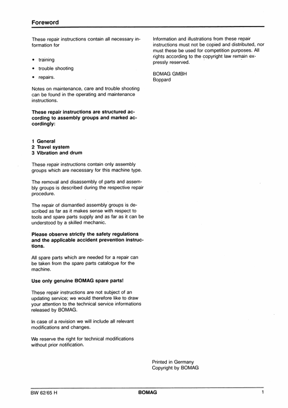 BOMAG BW 62 H, BW 65 H Repair & Service Manual 00819017 PDF