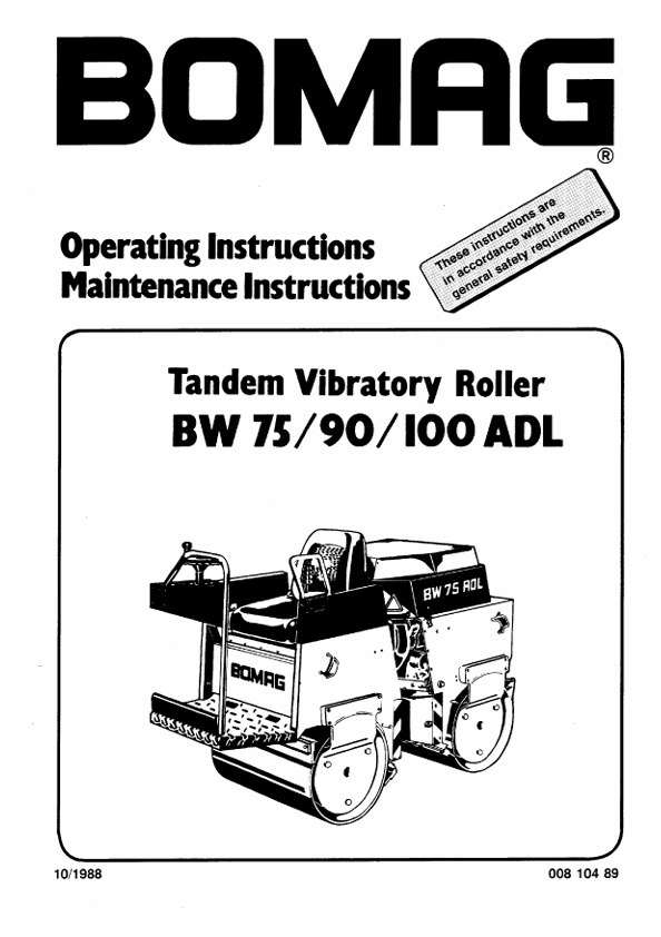 BOMAG BW 75 90 100 ADL Tandem Vibratory Roller Manual 00810489 PDF