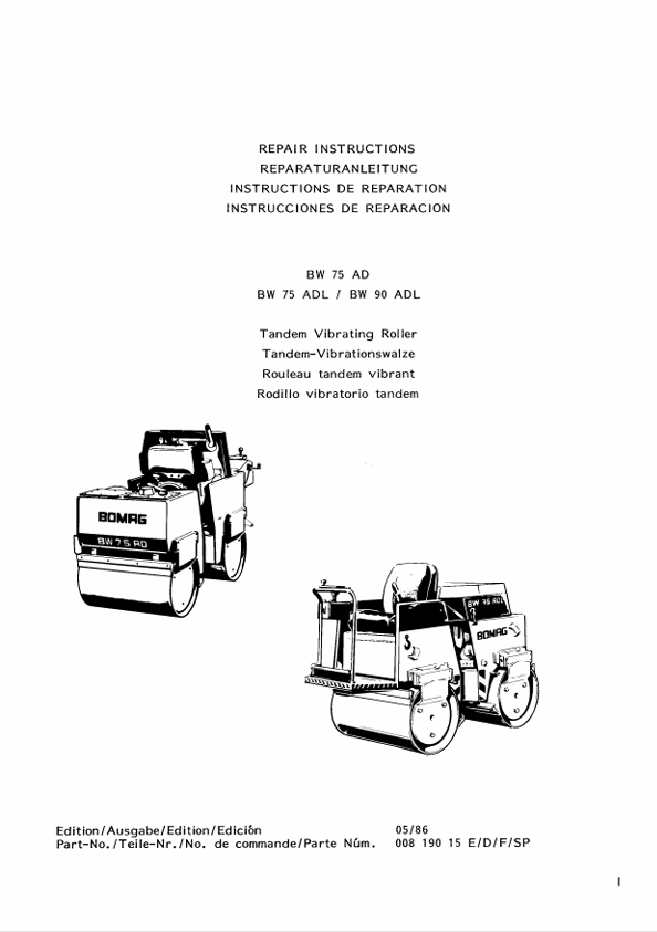 BOMAG BW 75 AD, BW 75 ADL & BW 90 ADL Repair Manual PDF