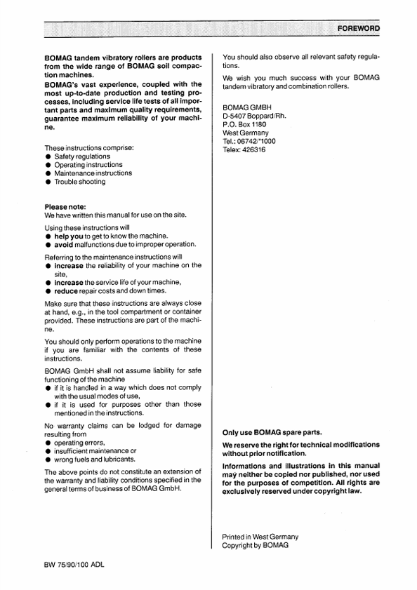 BOMAG BW 75, BW 90, BW 100 ADL Operating & Maintenance Manual PDF