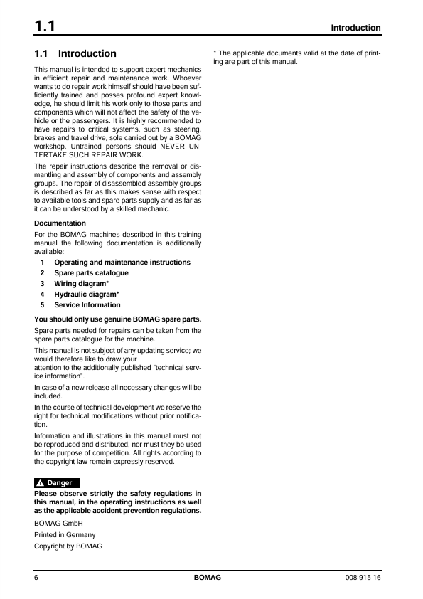 BOMAG BW 75 H Double Vibratory Roller Repair Manual 00891516