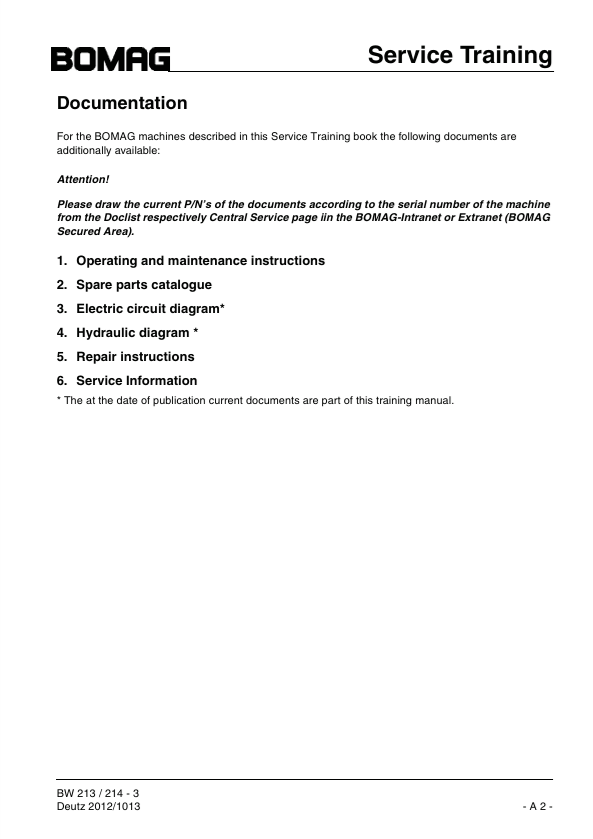 BOMAG Drum Rollers BW 213 D DH PDH-3 Training Manual PDF