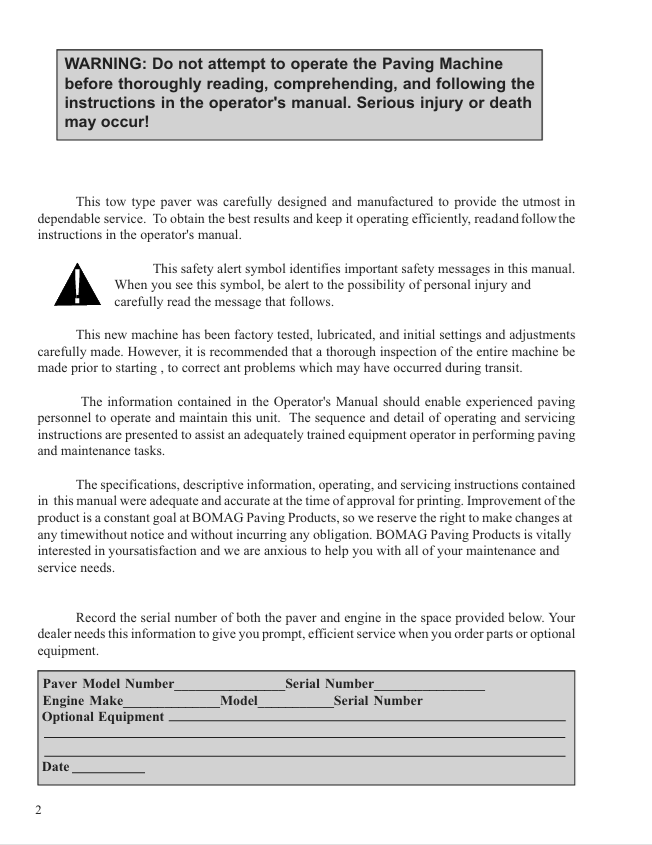BOMAG PROPAVER 113, 213, 313 & 413 Parts and Operation Manual