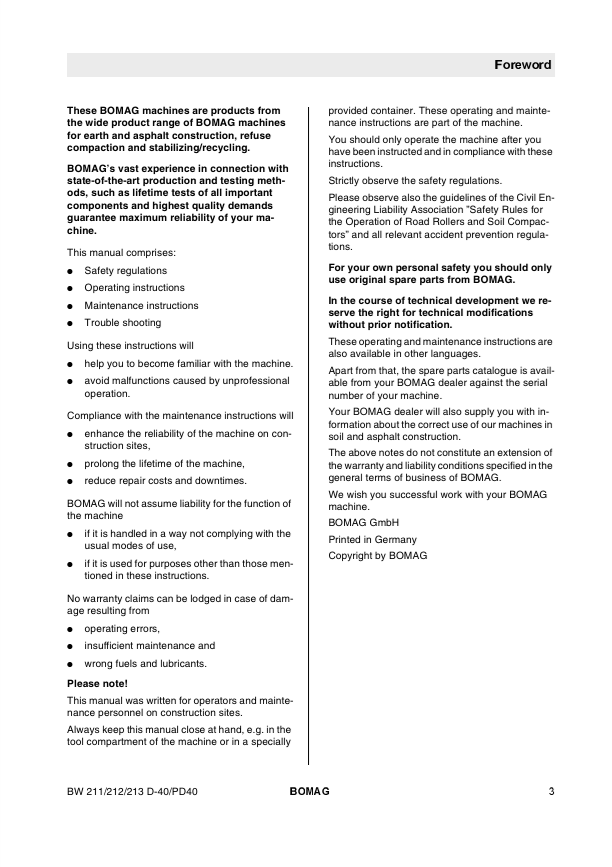 BOMAG Single Drum Roller BW212 D-40 PD-40 Maintenance Manual