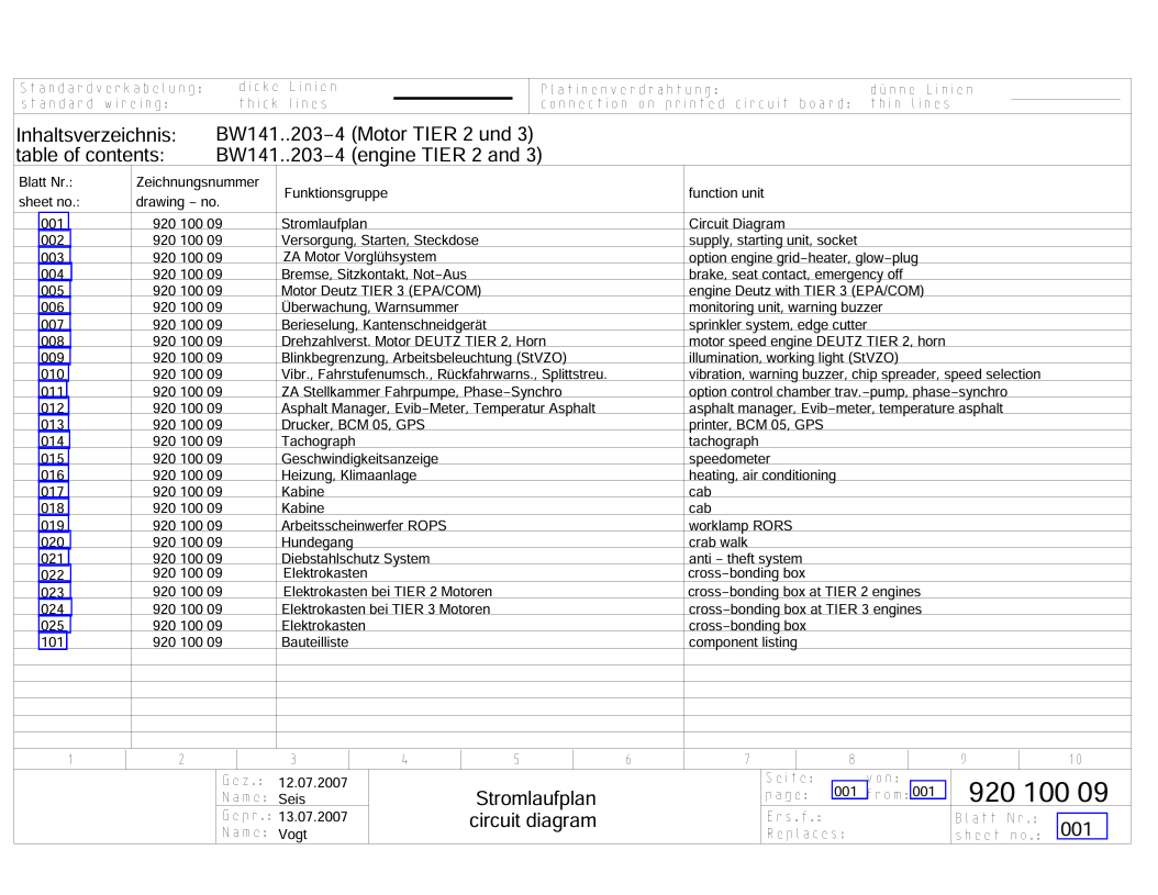 BOMAG TANDEM VIBRATORY ROLLER BW 203 AD-4 TIER 2,3 CIRCUIT DIAGRAM MANUAL 92010009 07.2007 PDF