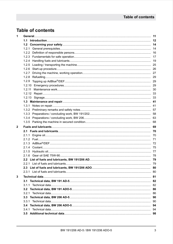 BOMAG Tandem Vibratory Roller BW 191 ADO-5 Service Manual PDF