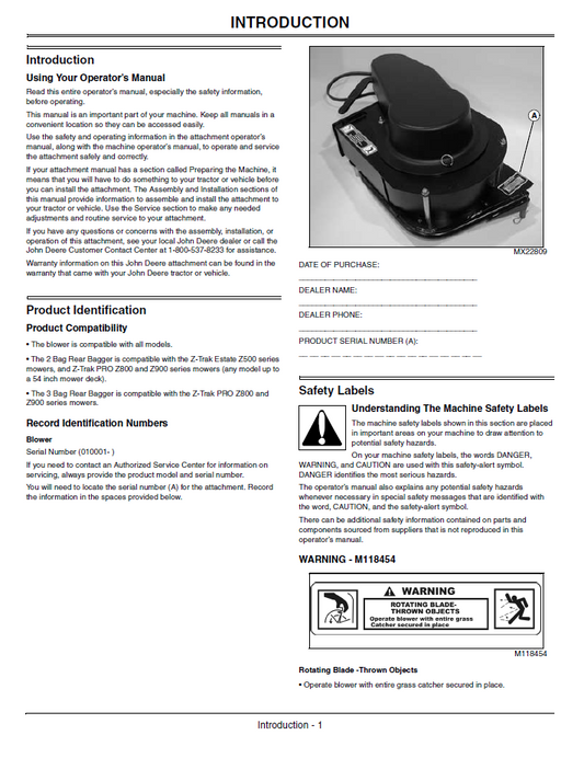 Blower & Rear Bagger System Operator Guide John Deere OMTCU24344