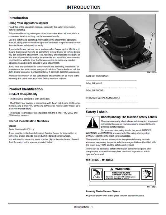 Blower and Rear Bagger Operator Guide John Deere OMTCU24344