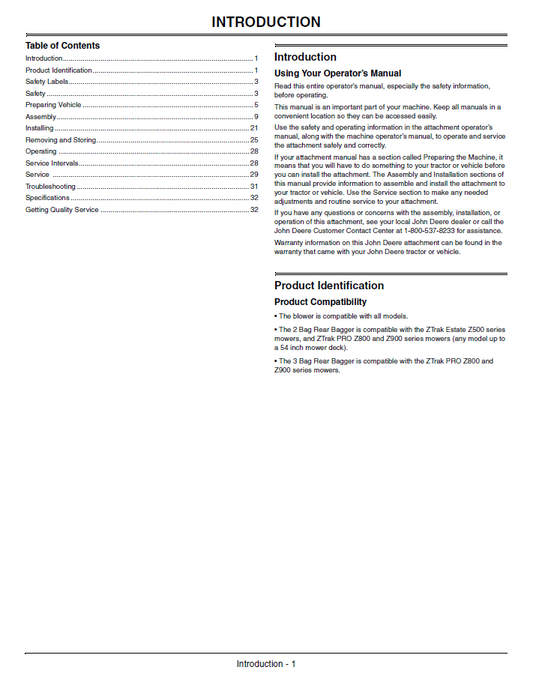 Blower and Rear Bagger Operator Guide John Deere OMTCU29191