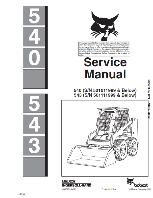 Bobcat 540, 543 Loader Service Manual | Part 6566181