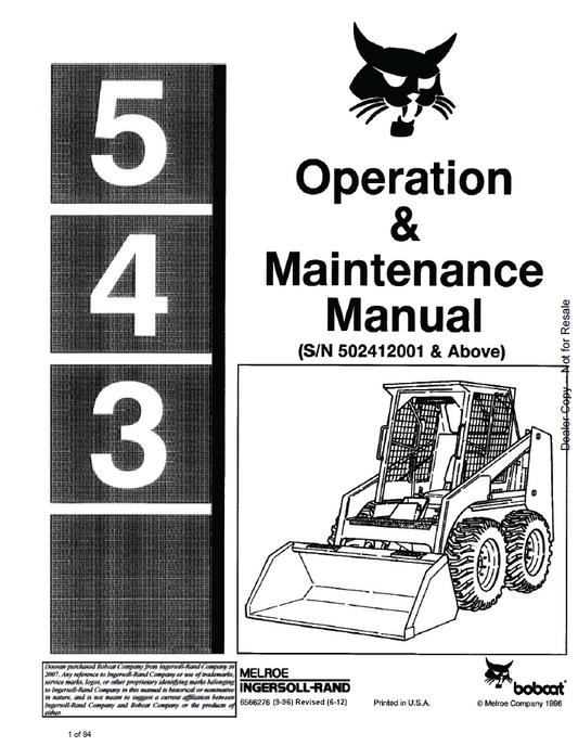 Bobcat 543 Loader Operation & Maintenance Manual | Part 6566276
