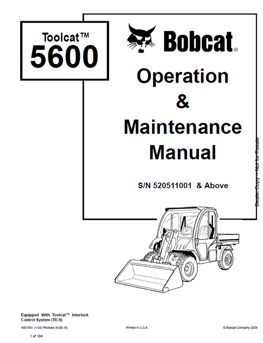 Bobcat 5600 Toolcat Utility Work Machine Operation & Maintenance Manual (6901891 PDF)
