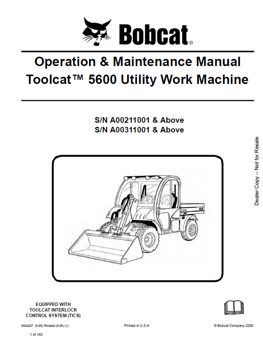 Bobcat 5600 Toolcat Utility Work Machine Operation & Maintenance Manual (6904207 PDF)