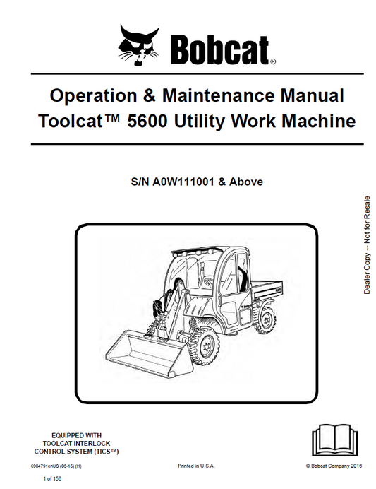 Bobcat 5600 Toolcat Utility Work Machine Operation & Maintenance Manual (6904791 PDF)