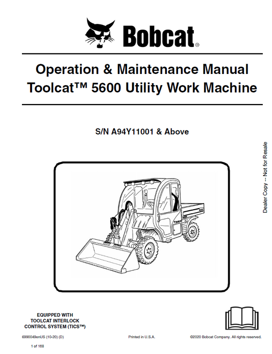 Bobcat 5600 Toolcat Utility Work Machine Operation & Maintenance Manual (6990049 PDF)