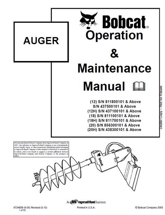 Bobcat 6724838 Auger Operation & Maintenance Manual PDF