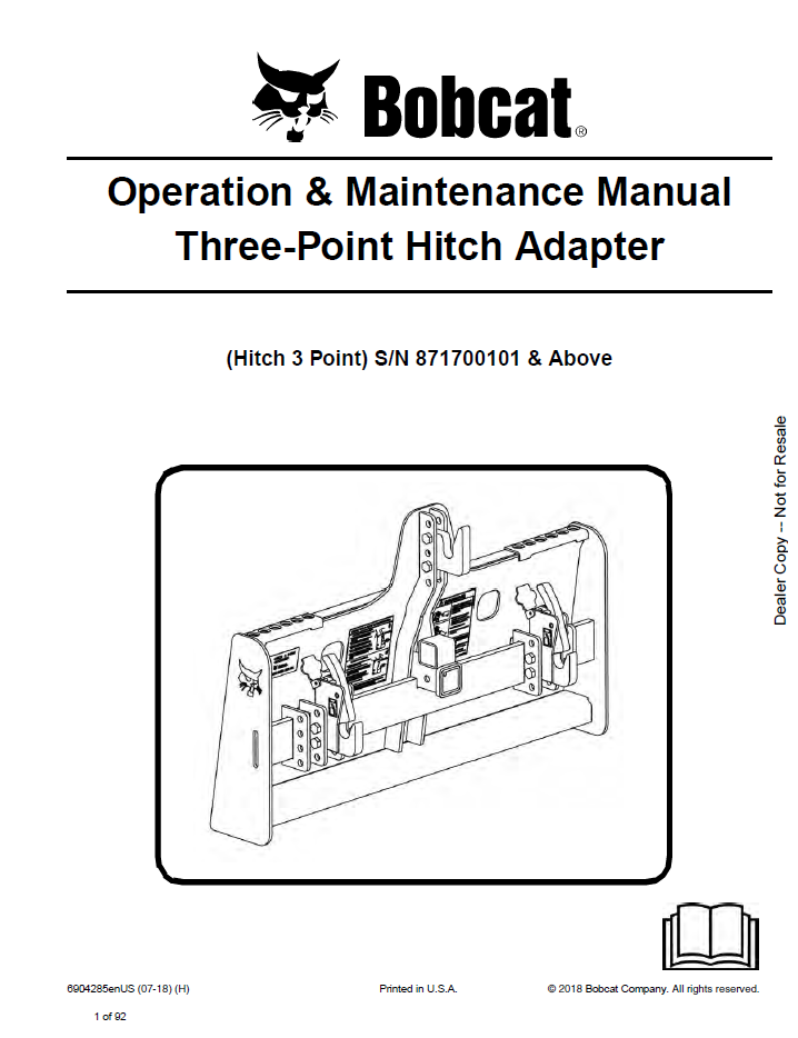 Bobcat 6904285 Three-Point Hitch Adapter Operation Manual