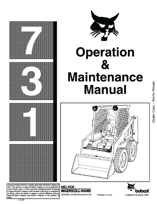 Bobcat 731 Loader Operating & Maintenance Manual | Part 6556326
