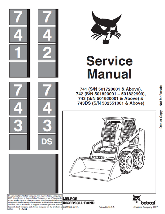 Bobcat 741, 742, 743, 743DS Loader Service Manual | Part 6566109