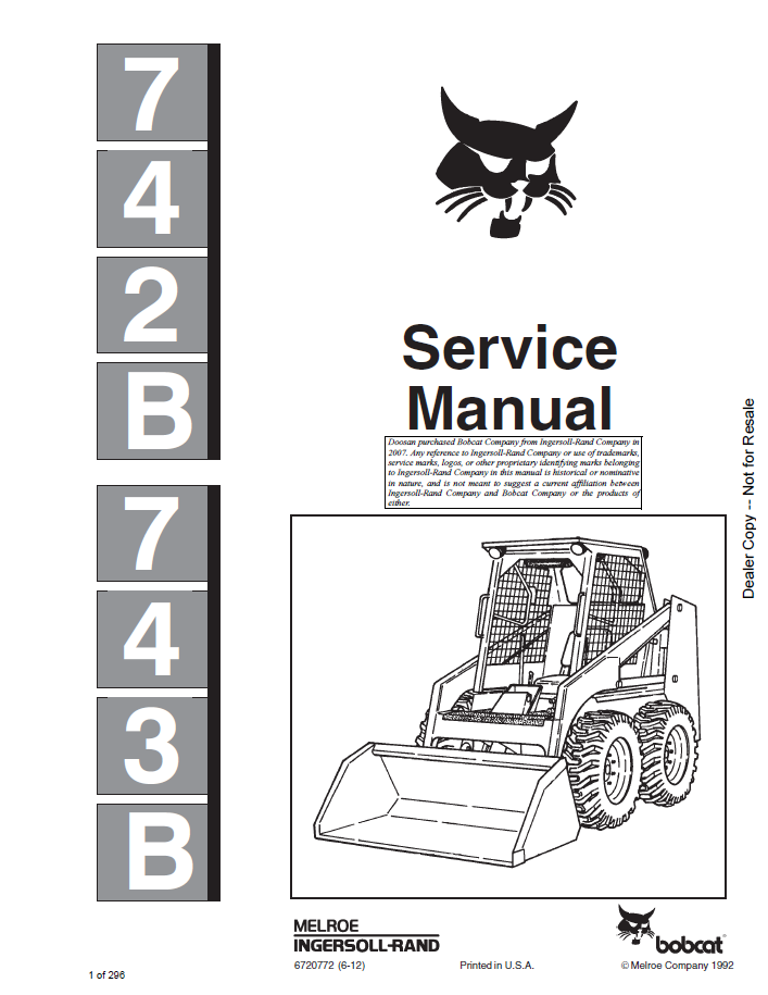 Bobcat 742B, 743B Loader Service Manual | Part 6720772