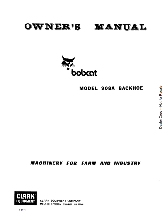 Bobcat 908A Backhoe 6556218 Owner Manual PDF Download