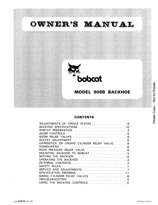 Bobcat 908B Backhoe 6556546 Operation & Maintenance Manual PDF