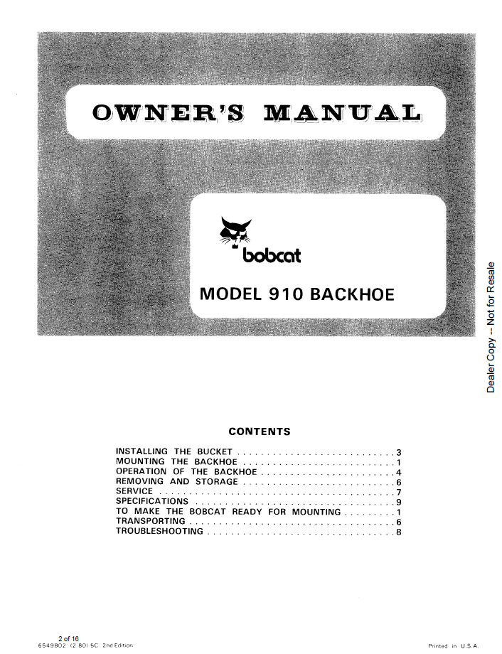 Bobcat 910 Backhoe 6549802 Operation & Maintenance Manual PDF