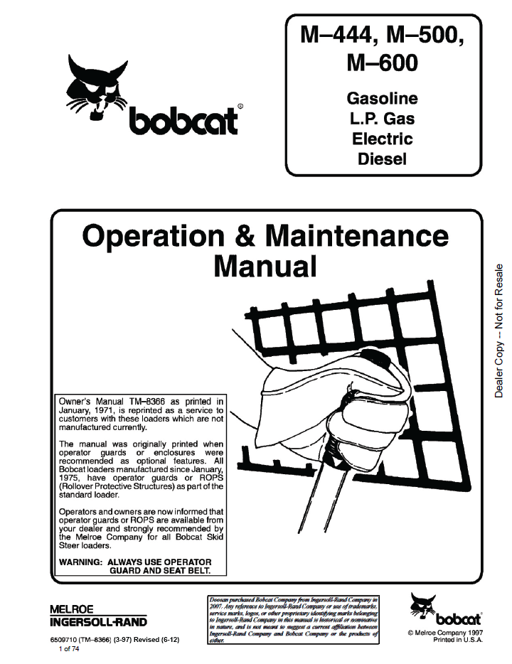Bobcat M-444, M-500 & M-600 Loader Operation & Maintenance Manual PDF