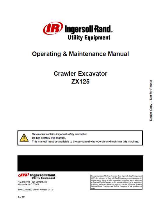 Bobcat ZX125 Crawler Excavator Operation & Maintenance Manual PDF