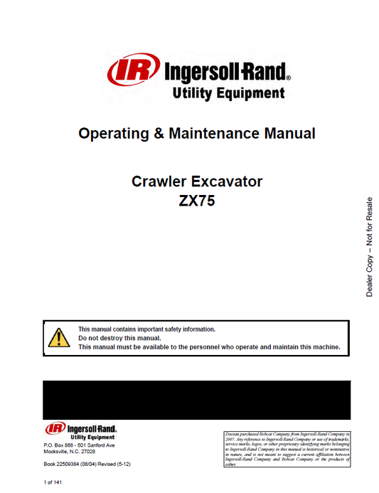 Bobcat ZX75 Crawler Excavator Operation & Maintenance Manual PDF