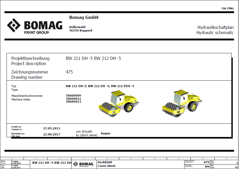 Bomag BW 211 DH-5 Single Drum Vibratory Roller Electric & Hydraulic Schematic Diagram Manual