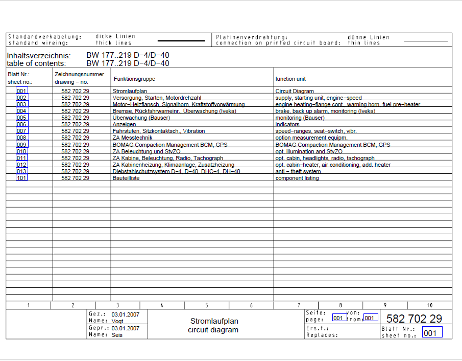 Bomag BW 212 D-40 Single Drum Vibratory Roller Electric and Hydraulic Schematic Diagram Manual (Serial Numbers: 901583381001 - 901583381201)