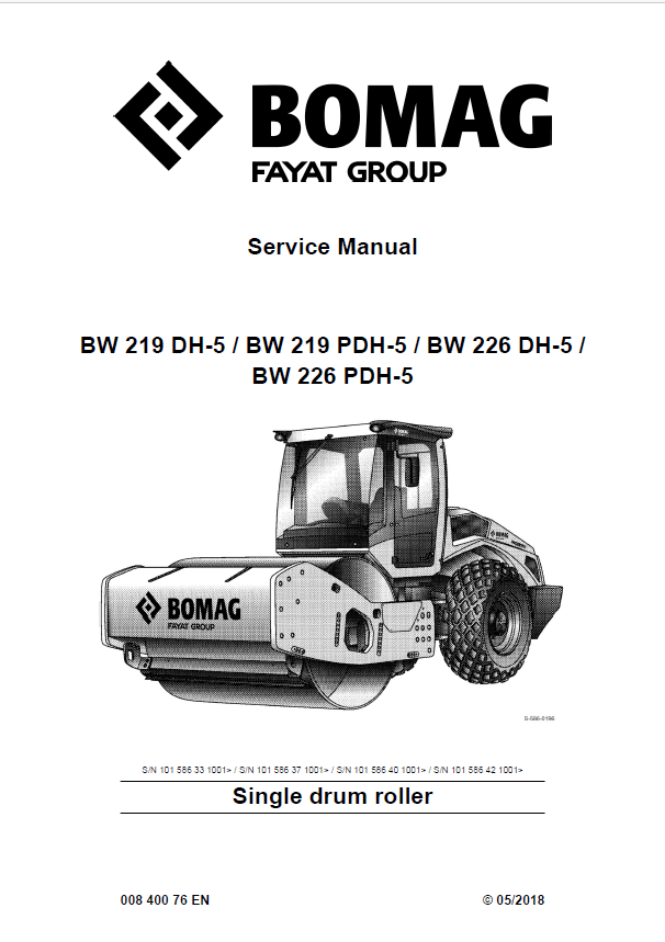 Bomag BW 219 PDH-5 Single Drum Roller Service Manual (00840076EN)