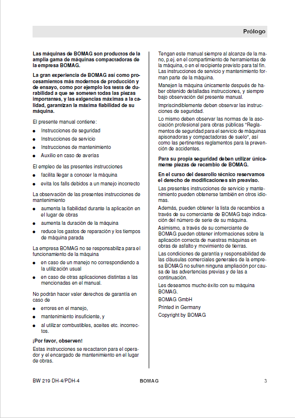 Bomag Self-Propelled Roller BW 219 DH-4 Spanish PDF Manual