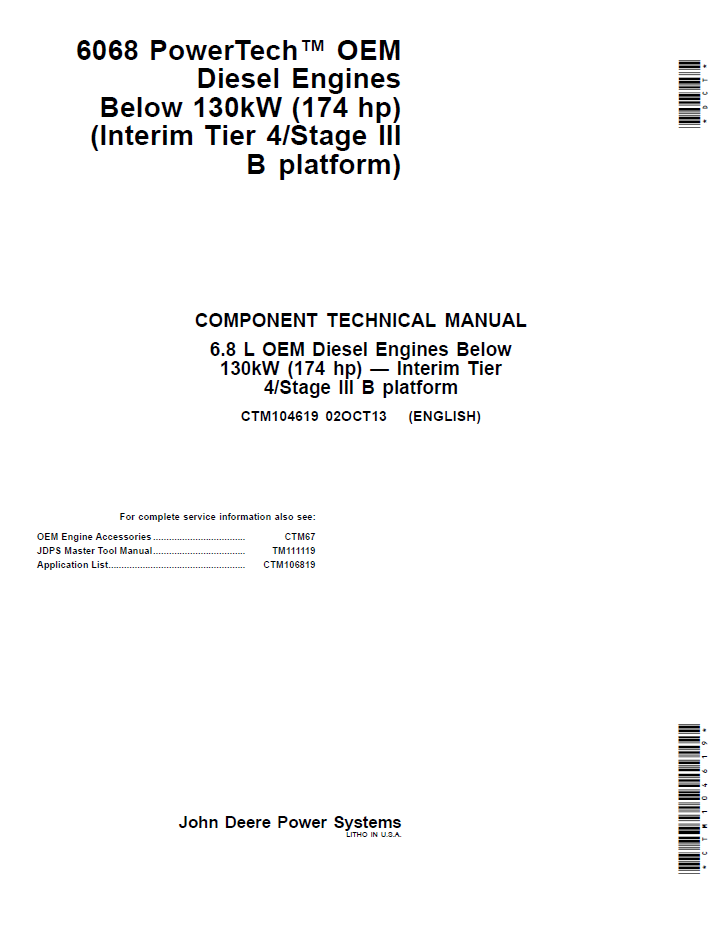 CTM104619 John Deere 6.8L OEM Diesel Engine Component Technical Manual PDF