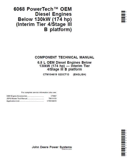 CTM104619 John Deere 6.8L OEM Diesel Engine Component Technical Manual PDF