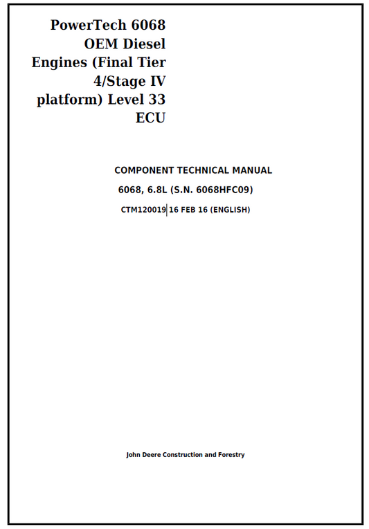 CTM120019 John Deere PowerTech 6068 ECU Level 33 Technical Manual