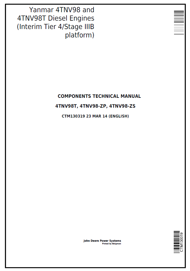 CTM130319 John Deere Yanmar 4TNV98/4TNV98T Diesel Engine Manual PDF
