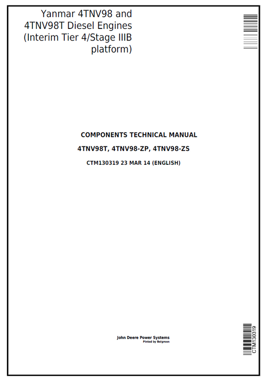 CTM130319 John Deere Yanmar 4TNV98/4TNV98T Diesel Engine Manual PDF