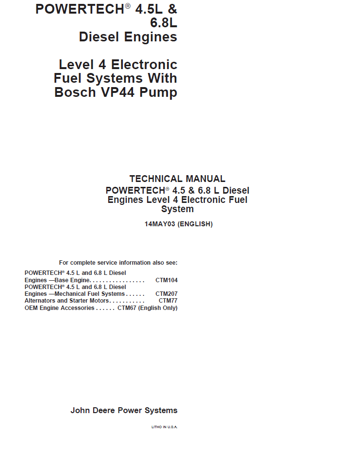 CTM170 John Deere PowerTech 4.5L & 6.8L Electronic Fuel System Manual PDF
