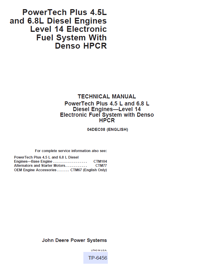 CTM320 John Deere PowerTech Plus 4.5L & 6.8L Denso HPCR Fuel System Manual PDF