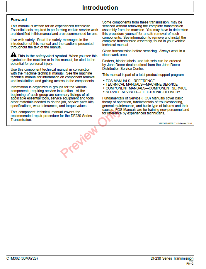CTM362 John Deere DF230 Transmission Component Repair Manual PDF