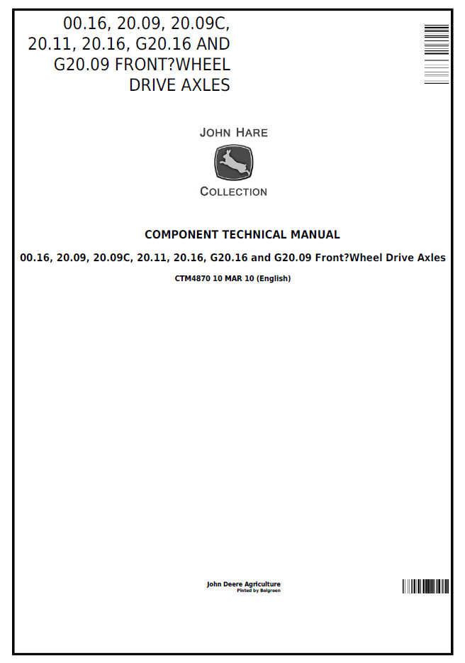 CTM4870 John Deere Front Wheel Drive Axle Component Manual PDF
