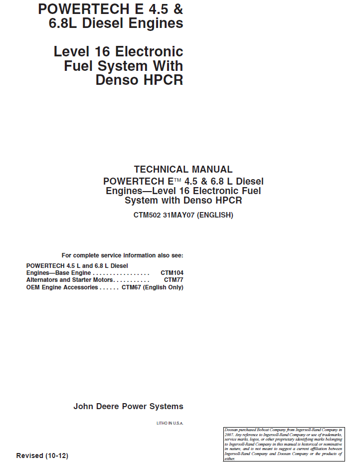 CTM502 John Deere PowerTech E 4.5L & 6.8L Denso HPCR Fuel System Manual PDF