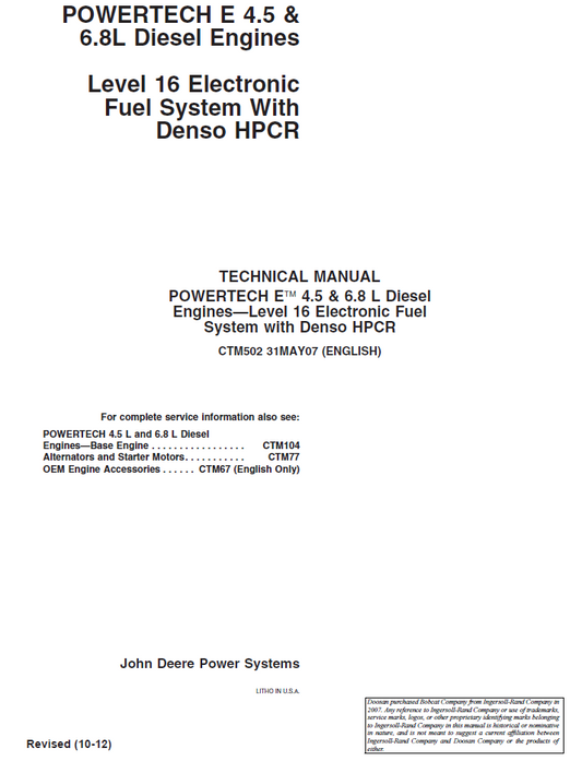 CTM502 John Deere PowerTech E 4.5L & 6.8L Denso HPCR Fuel System Manual PDF