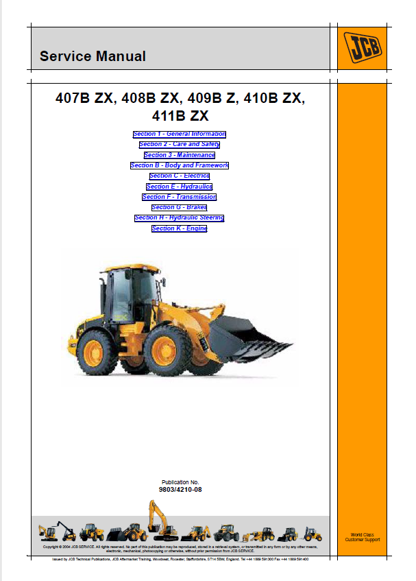 Complete JCB 407B ZX to 411B ZX Wheel Loader Service & Repair Manual